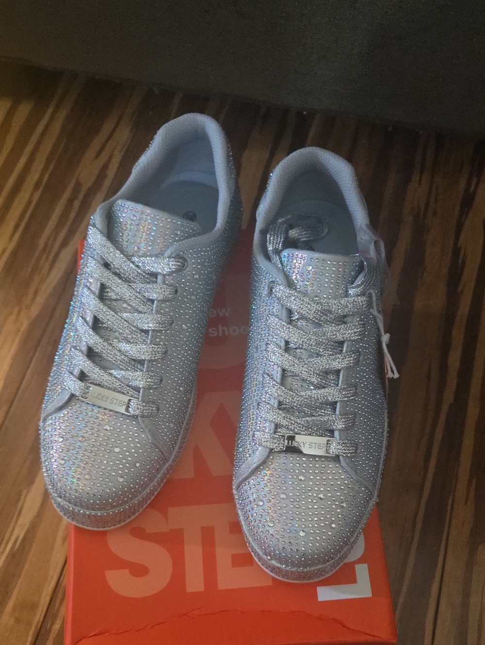 Lucky Step Women's Silver Rhinestone Lace-Up Sneakers